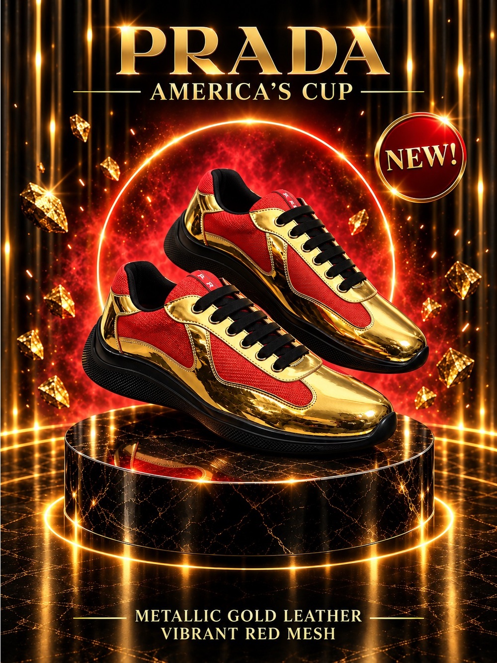 Prada America's Cup sneakers with a Metallic Gold Leather/Vibrant Red Mesh🔥New!